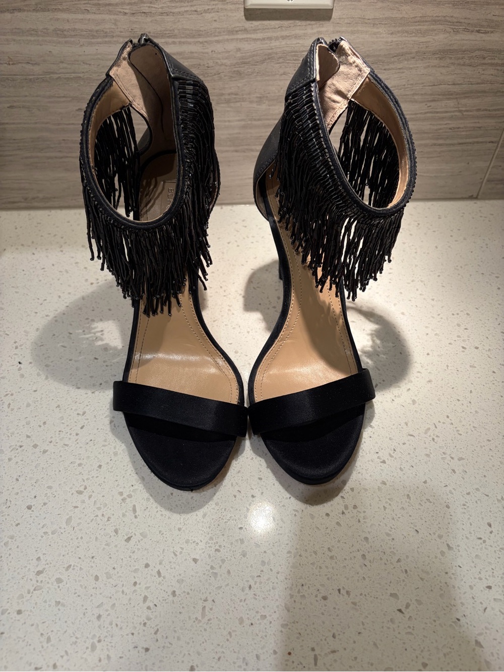 BCBGMAXAZARIA Fringe Detail Black Women's High Heel Sandals